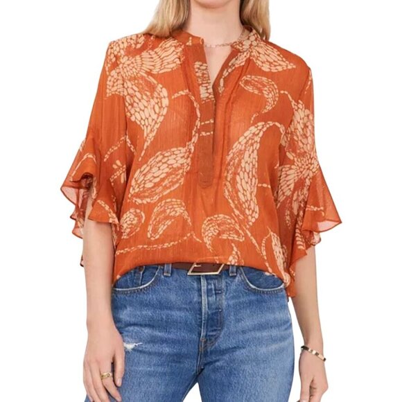 Vince Camuto Pintuck Ruffle Cuff Blouse Rust Leaf Pattern Subtle Sparkle Size L - Picture 1 of 12